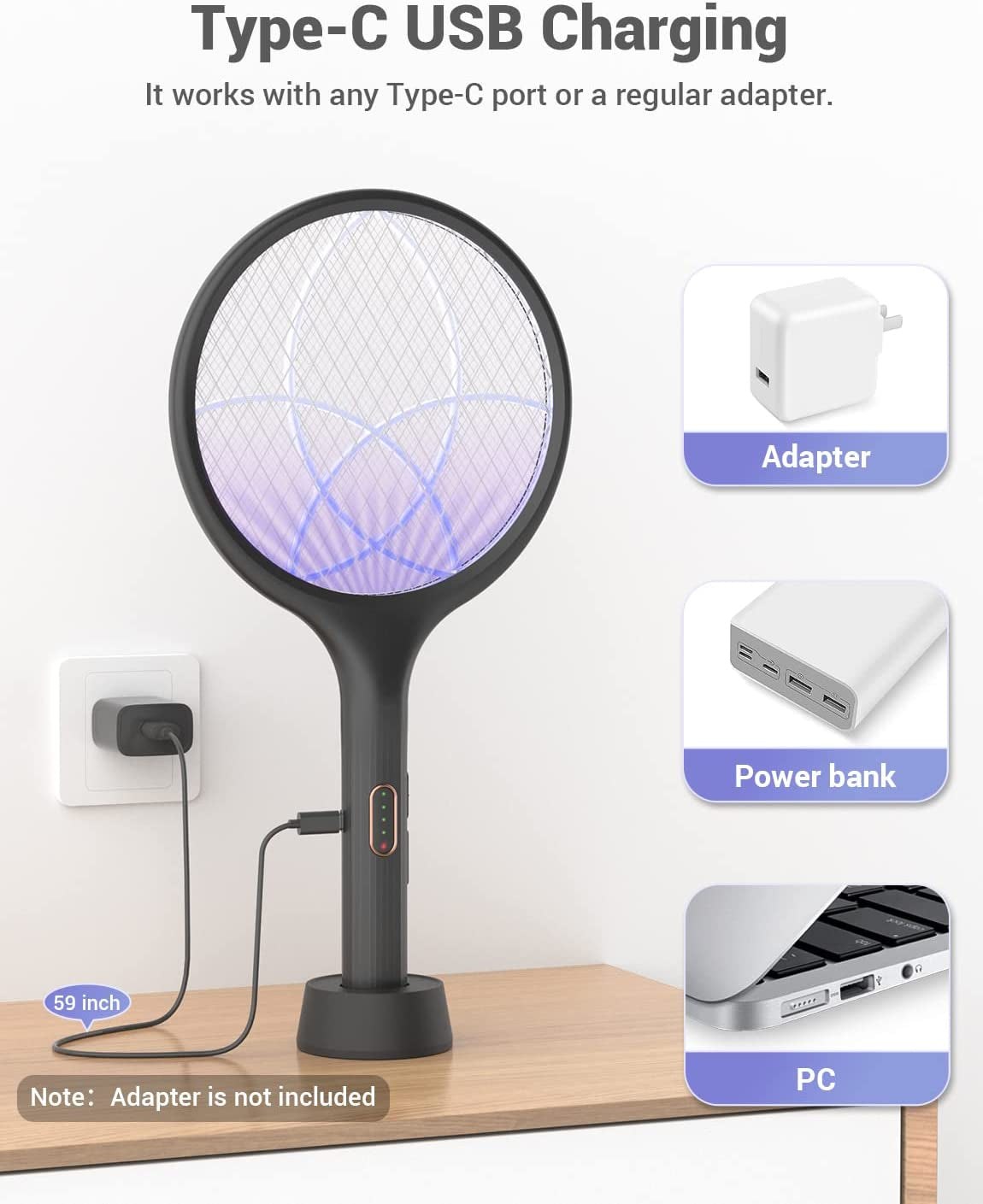 Electric Fly Swatter 4000V Bug Zapper Racket Dual Modes Mosquito Killer with Purple Mosquito Light Rechargeable for Indoor Home Office Backyard Patio Camping (Black-1 Pack)