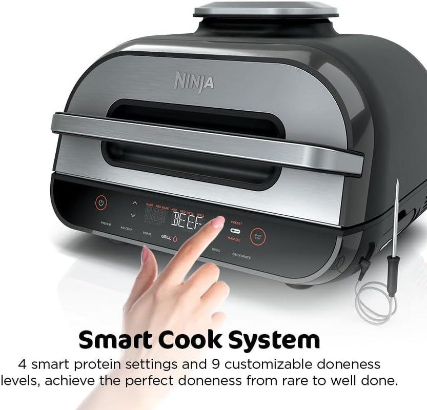 | Indoor Grill and Air Fryer| Foodi Smart XL | 6-In-1 Grill, Air Fry, Roast, Bake, Broil, Dehydrate & Crisp |Smart Thermometer & Splatter Shield | Dishwasher Safe Parts | Black/Silver | FG551