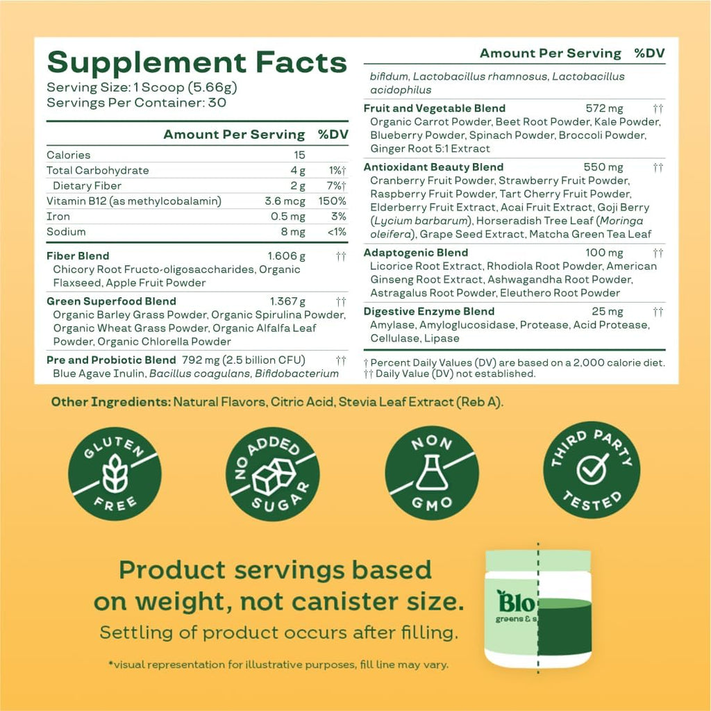Superfood Greens Powder, Digestive Enzymes with Probiotics and Prebiotics, Gut Health, Bloating Relief for Women, Chlorella, Green Juice Mix with Beet Root Powder, 30 SVG, Mango