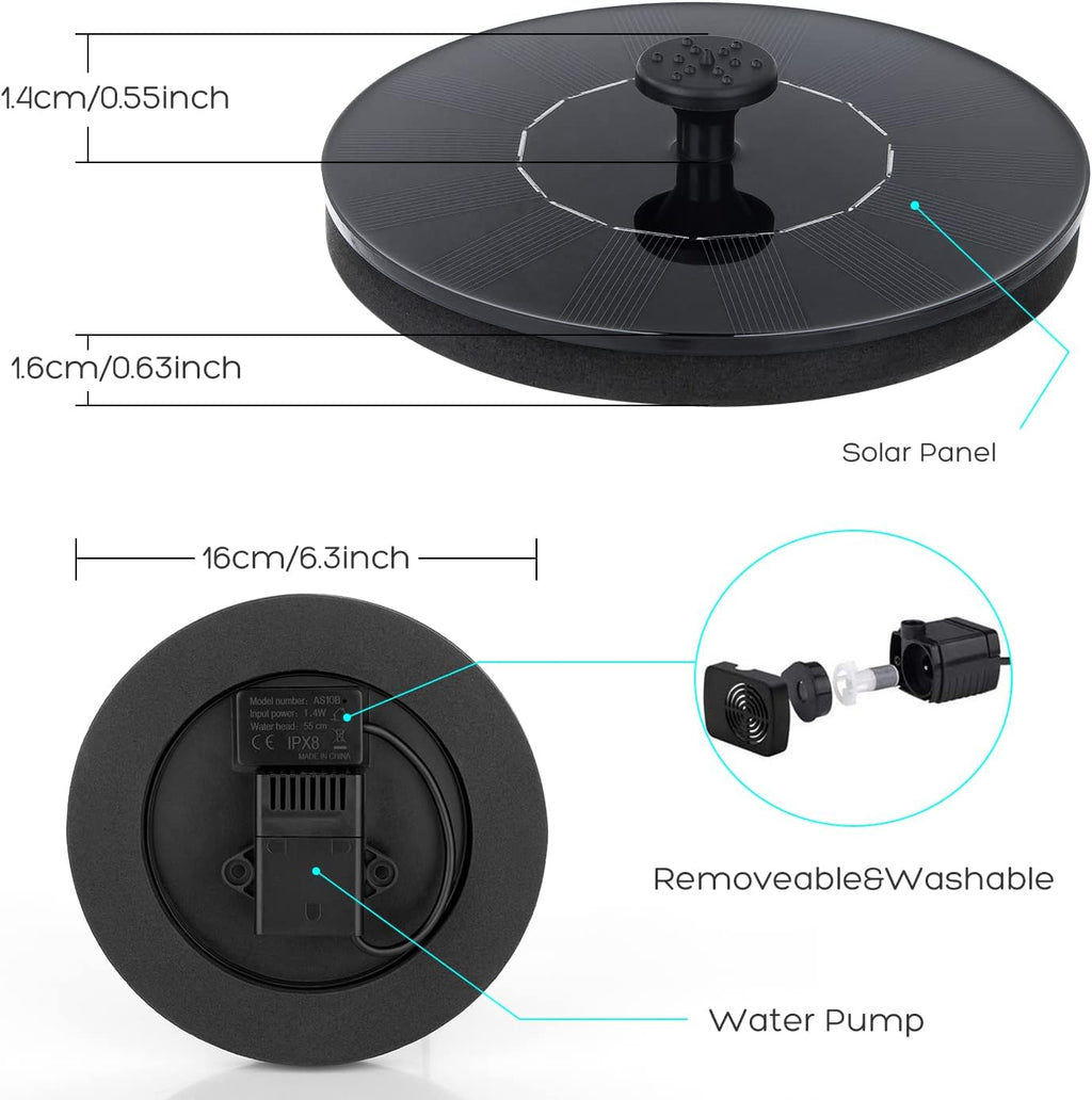 Solar Bird Bath Fountains, Upgrade 1.4W Solar Fountain Pump with 6 Nozzles, Free Standing Floating Solar Powered Water Fountain Pump for Bird Bath, Garden, Pond, Pool, Outdoor