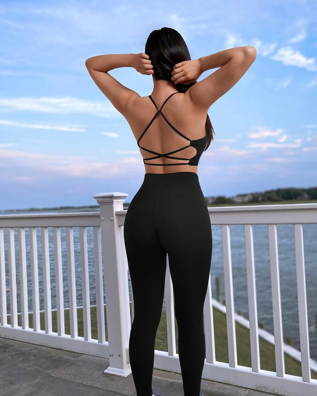 Ribbed Workout Sets for Women 2 Piece Backless Strappy Sports Bra Seamless Leggings Matching Set Yoga Outfits