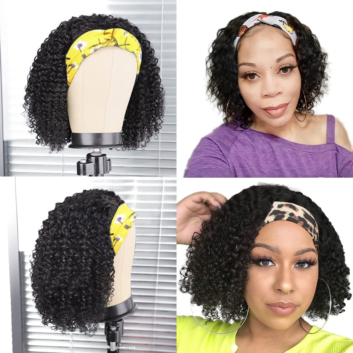 Headband Wig Deep Wave 12 Inch Human Hair Headband Wig Curly Hair Glueless Human Hair Wigs Machine Made No Lace Deep Curly Headband Wigs Natural Color