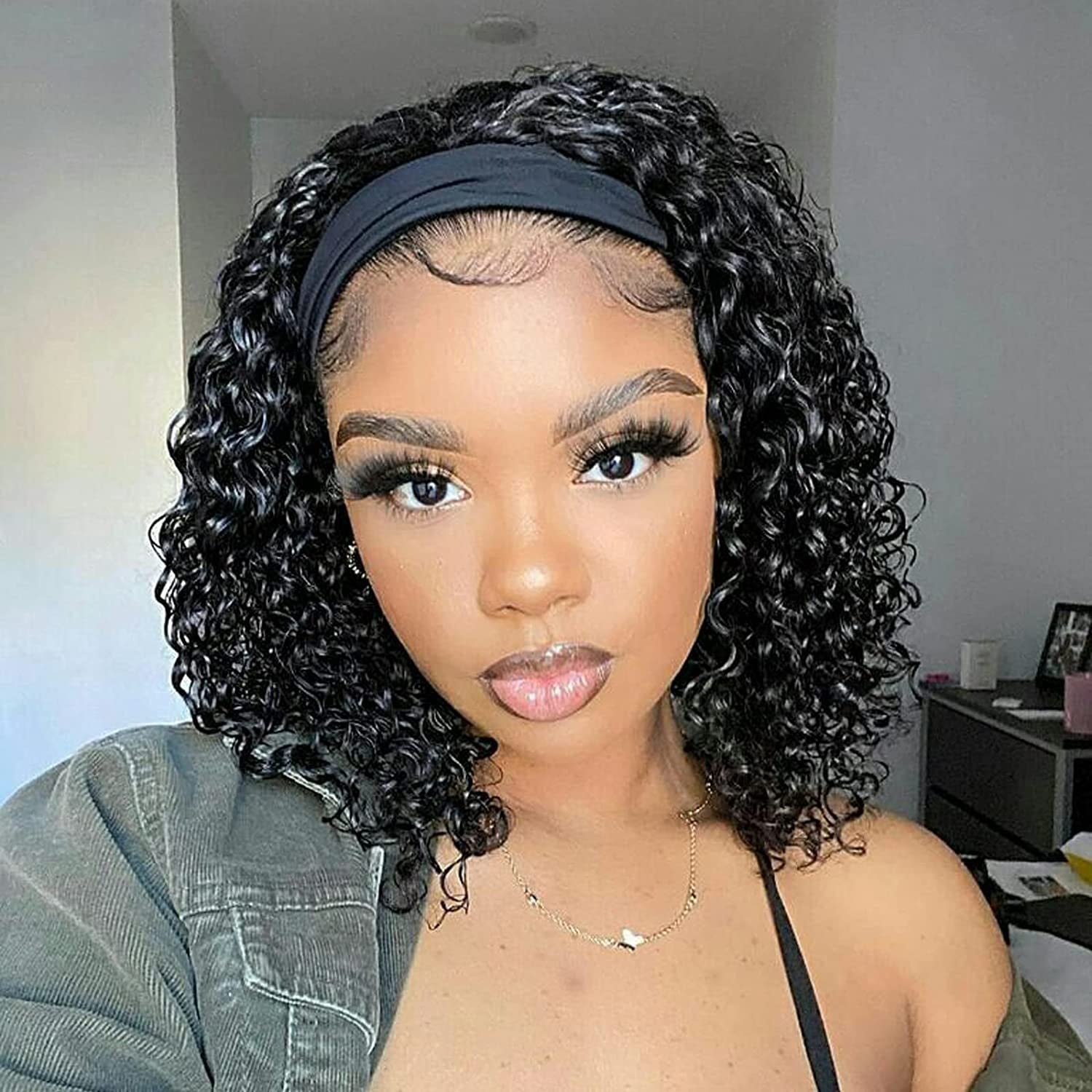 Headband Wig Deep Wave 12 Inch Human Hair Headband Wig Curly Hair Glueless Human Hair Wigs Machine Made No Lace Deep Curly Headband Wigs Natural Color