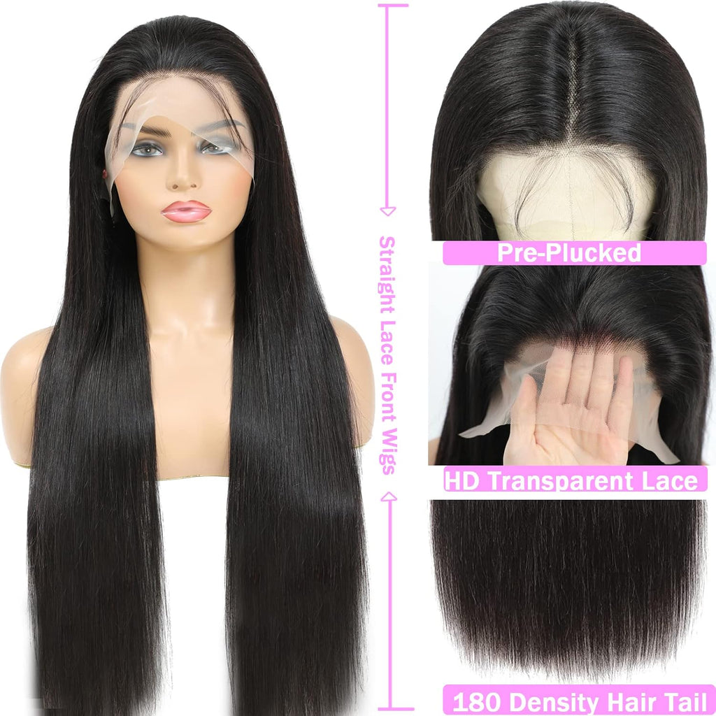 13X6 Lace Front Wigs Human Hair for Women 180 Density HD Transparent 28 Inch Straight Lace Front Wigs Human Hair Pre Plucked Glueless Lace Frontal Wigs Natural Black Color
